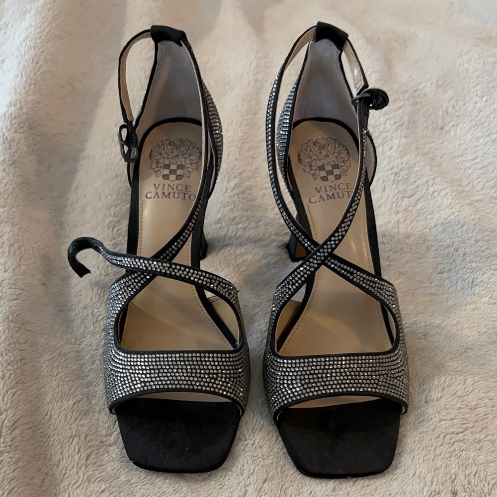 Vince Camuto Strappy Black and Silver Heels